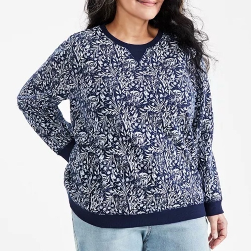 NWT Style & Co Plus Size Printed Crewneck Long-Sleeve Sweatshirt 3X Blue/White